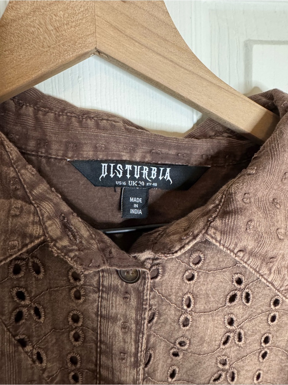 Disturbia Taupe Brown Eyelet Midi Shirt Dress with Tie Waist - Picture 2 of 5